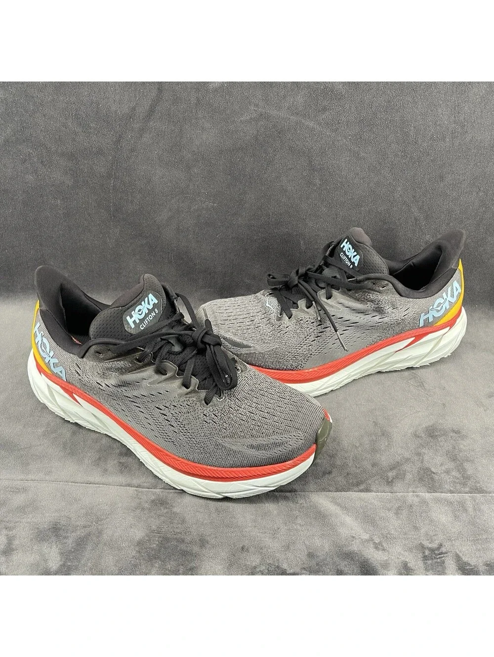 HOKA Clifton 8 Wide Running Shoes Gray Red Men’s US 11 2E EU 45 1/3